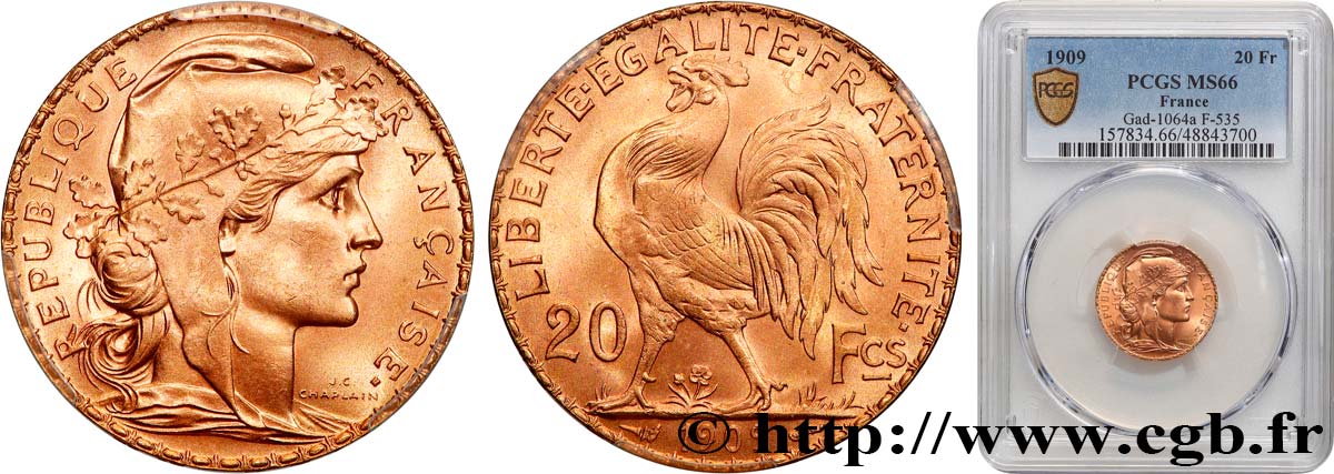 20 francs or Coq, Liberté Égalité Fraternité 1909 Paris F.535/3 FDC66 PCGS