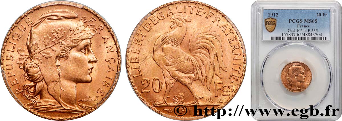 20 francs or Coq, Liberté Égalité Fraternité 1912 Paris F.535/6 FDC65 PCGS