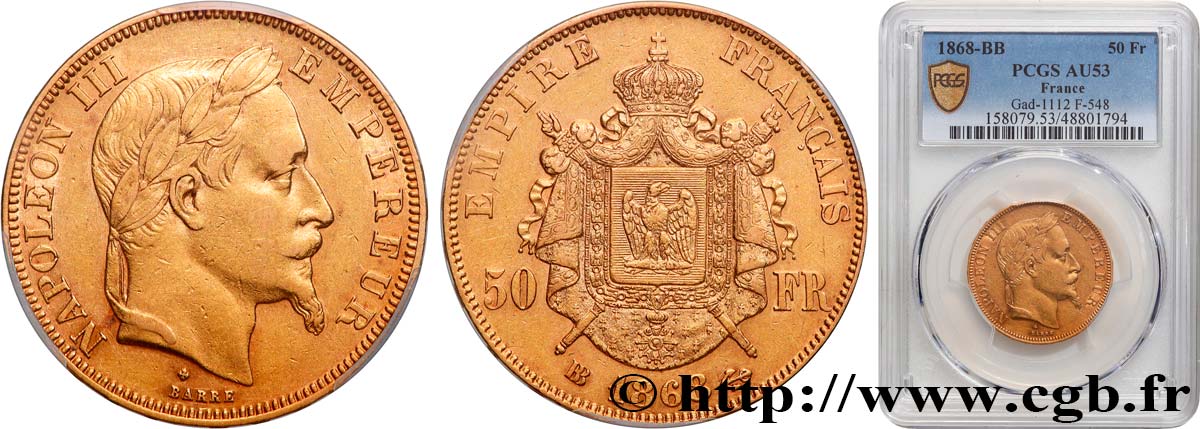 50 francs or Napoléon III, tête laurée 1868 Strasbourg F.548/11 AU53 PCGS