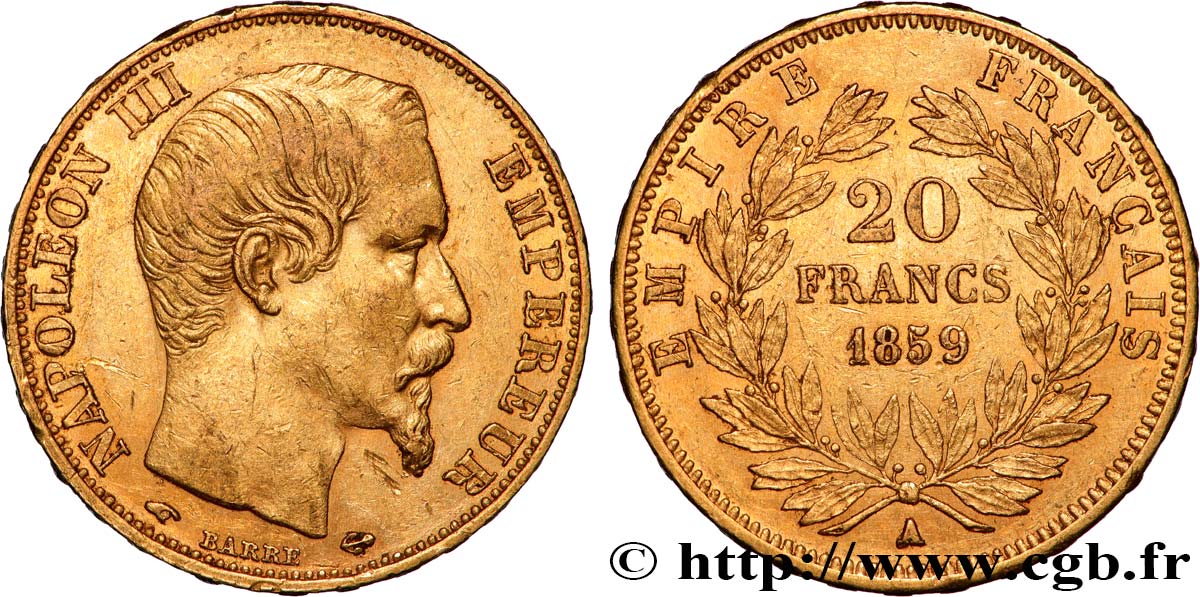 20 francs or Napoléon III, tête nue 1859 Paris F.531/15 SS 