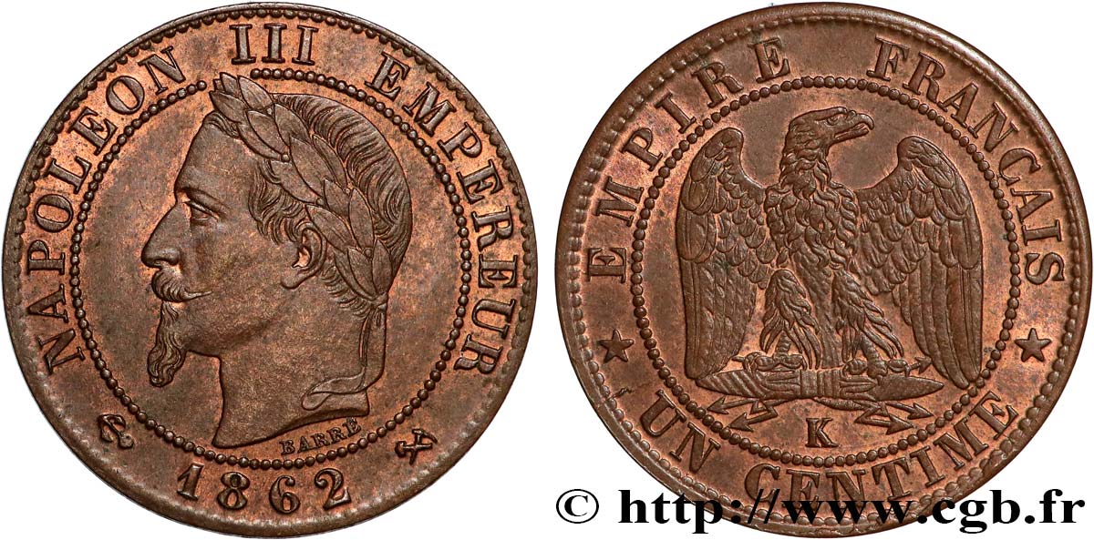 Un centime Napoléon III, tête laurée 1862 Bordeaux F.103/7 SUP60 