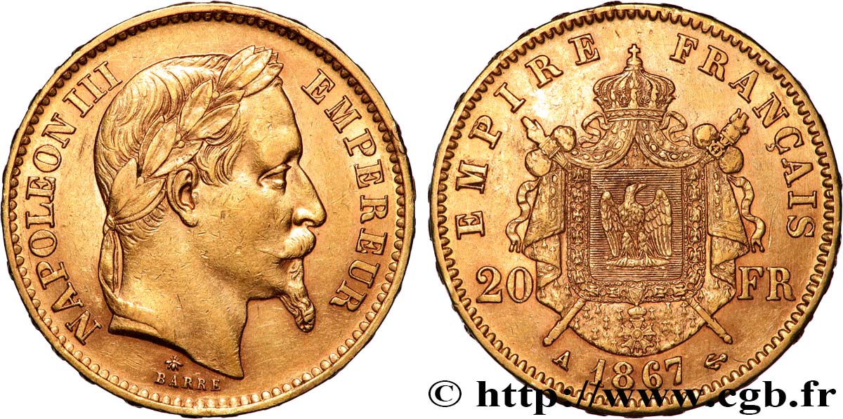 20 francs or Napoléon III, tête laurée 1867 Paris F.532/15 TTB+ 