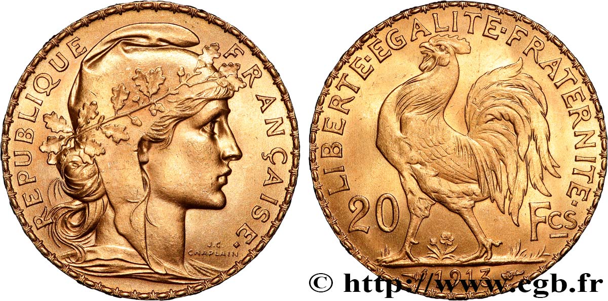 20 francs or Coq, Liberté Égalité Fraternité 1913 Paris F.535/7 MS 