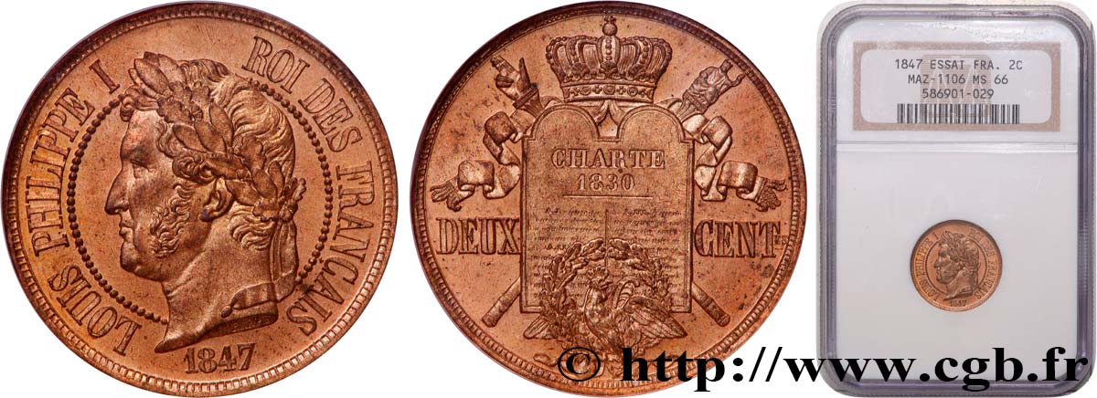 Essai de deux centimes à la Charte 1847 Paris VG.3004  MS66 NGC