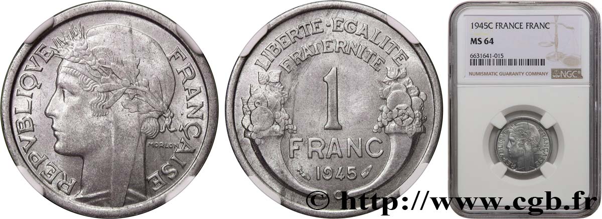 1 franc Morlon, légère 1945 Castelsarrasin F.221/8 MS64 NGC