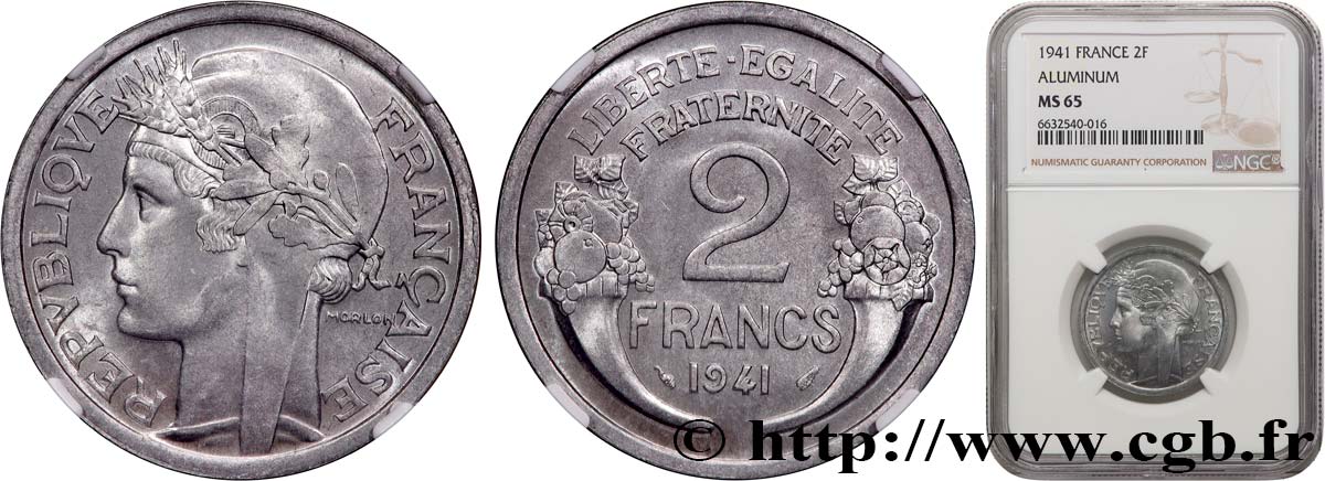 2 francs Morlon, aluminium 1941  F.269/2 MS65 NGC