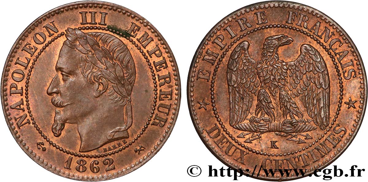 Deux centimes Napoléon III, tête laurée, buste définitif 1862 Bordeaux F.108A/7 q.SPL 