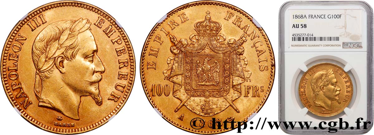 100 francs or Napoléon III, tête laurée 1868 Paris F.551/10 AU58 NGC