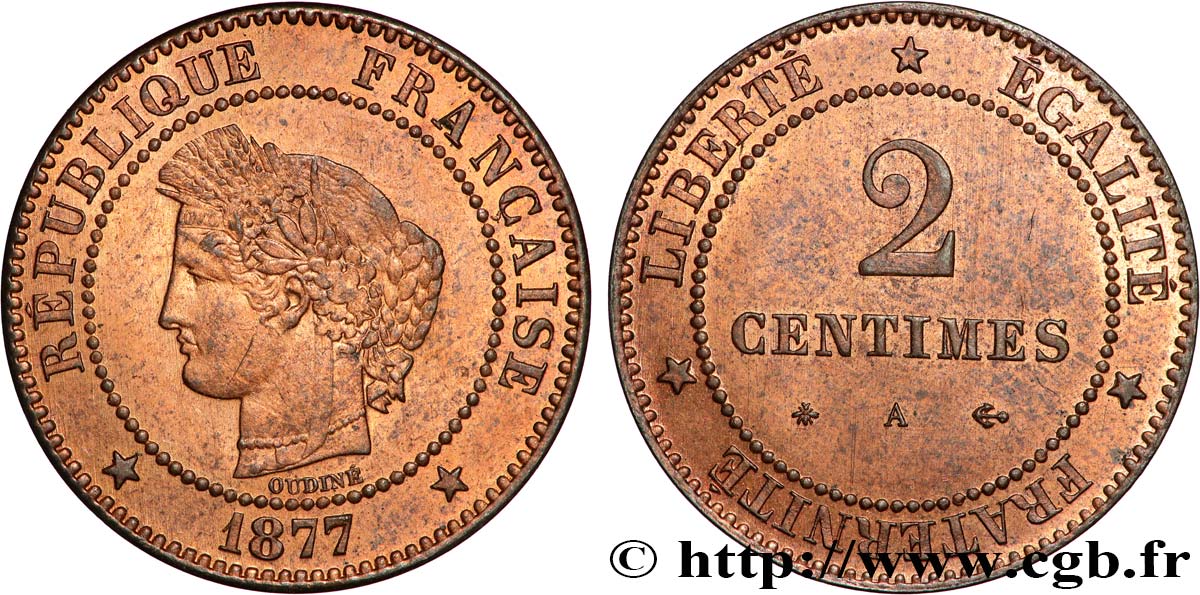 2 centimes Cérès 1877 Paris F.109/2 EBC60 