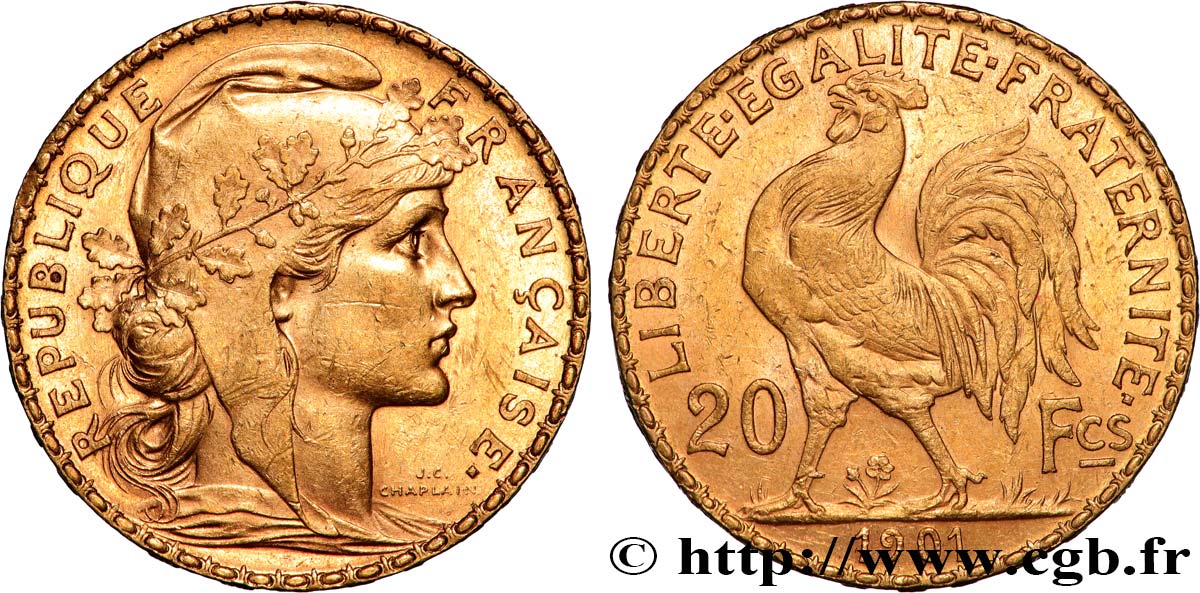 20 francs or Coq, Dieu protège la France 1901 Paris F.534/6 AU 
