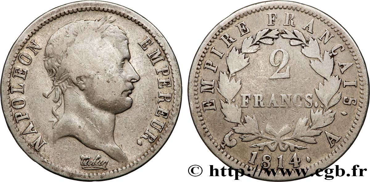 2 francs Napoléon Ier tête laurée, Empire français 1814 Paris F.255/67 RC+ 