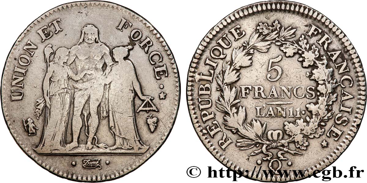 5 francs Union et Force, Union serré, seulement glands intérieurs 1803 Perpignan F.288/197 S 