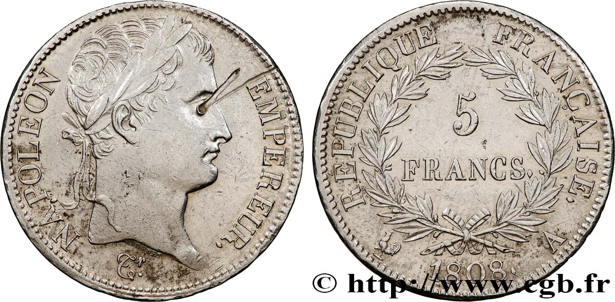5 francs Napoléon Empereur, République française 1808 Paris F.306/2 XF 