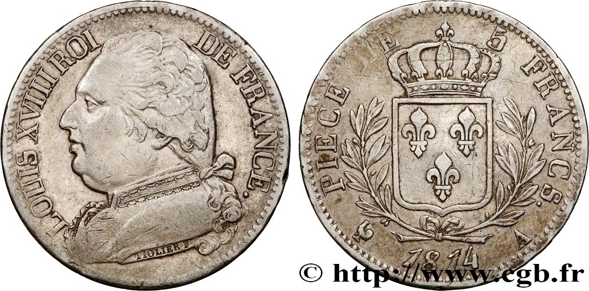 5 francs Louis XVIII, buste habillé 1814 Paris F.308/1 XF 