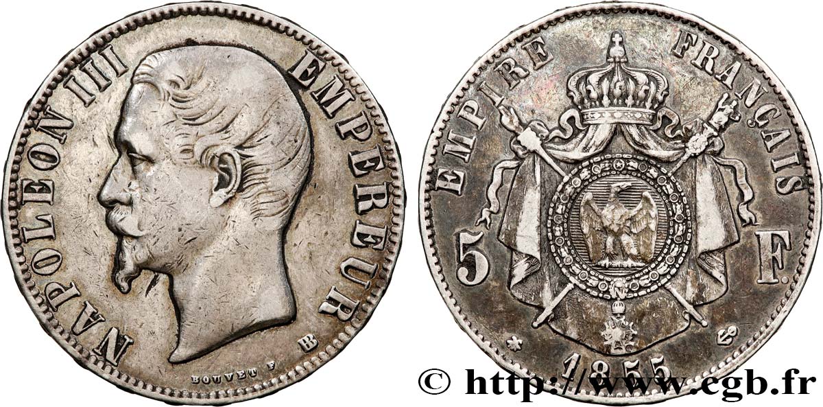 5 francs Napoléon III, tête nue 1855 Strasbourg F.330/4 TB 