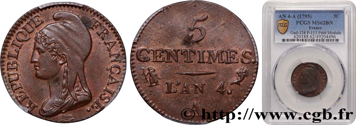 5 centimes Dupré, petit module 1796 Paris F.113/1 SPL62 PCGS