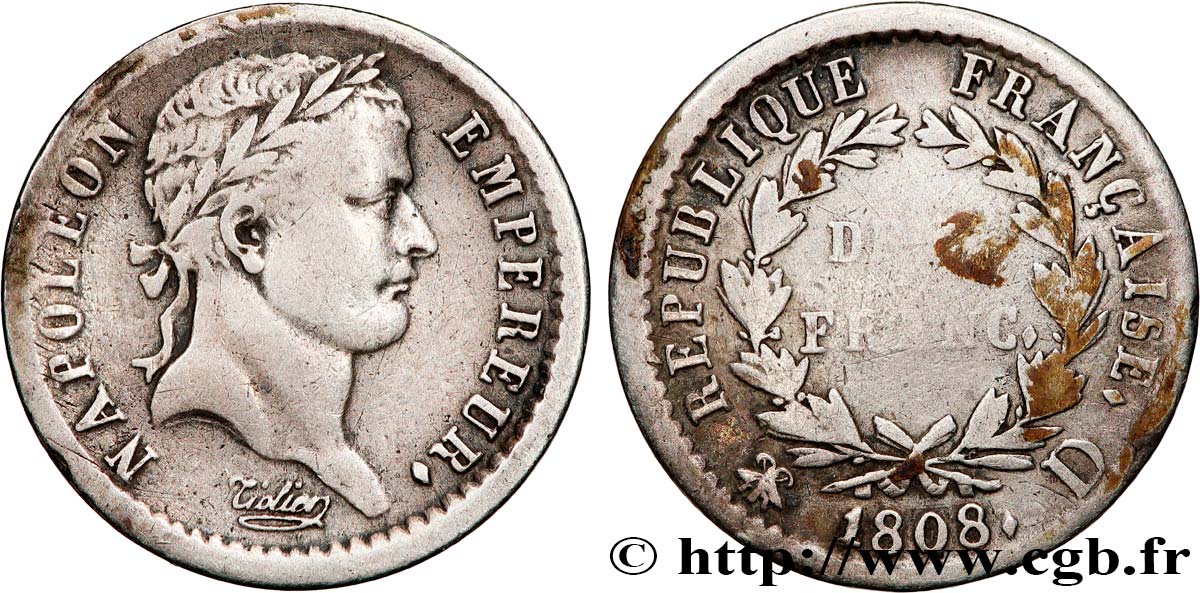 Demi-franc Napoléon Ier tête laurée, République française 1808 Lyon F.177/5 SS 