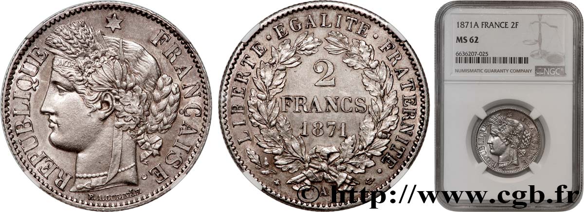 2 francs Cérès, avec légende 1871 Paris F.265/4 MS62 NGC