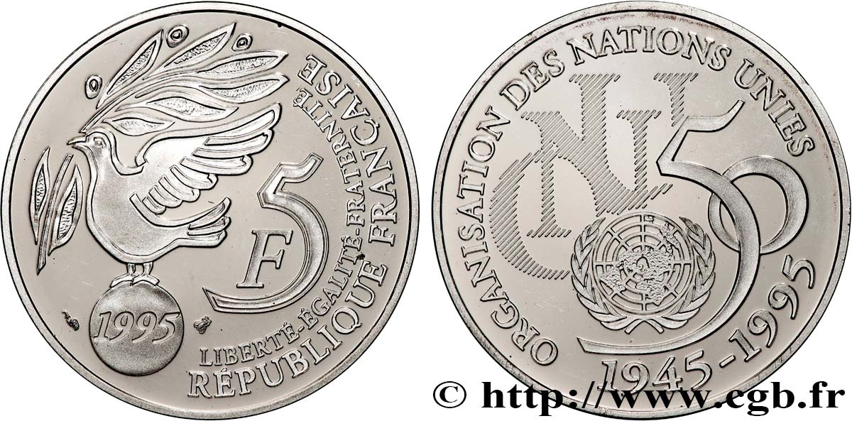 Belle Épreuve 5 francs Cinquantenaire de l’ONU 1995 Paris F5.1203 2 MS 