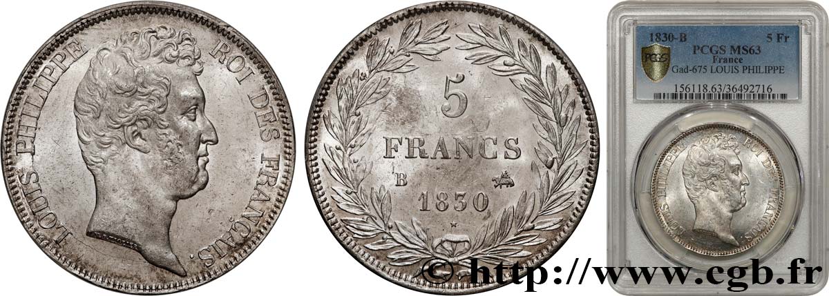 5 francs type Tiolier sans le I, tranche en creux 1830  Rouen F.313/2 SPL63 PCGS