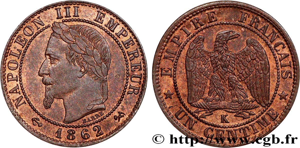 Un centime Napoléon III, tête laurée 1862 Bordeaux F.103/7 VZ62 