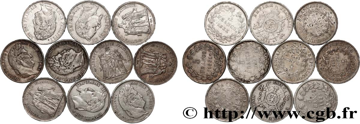 Lot de dix écus de 5 francs n.d.  F.-/ TB 