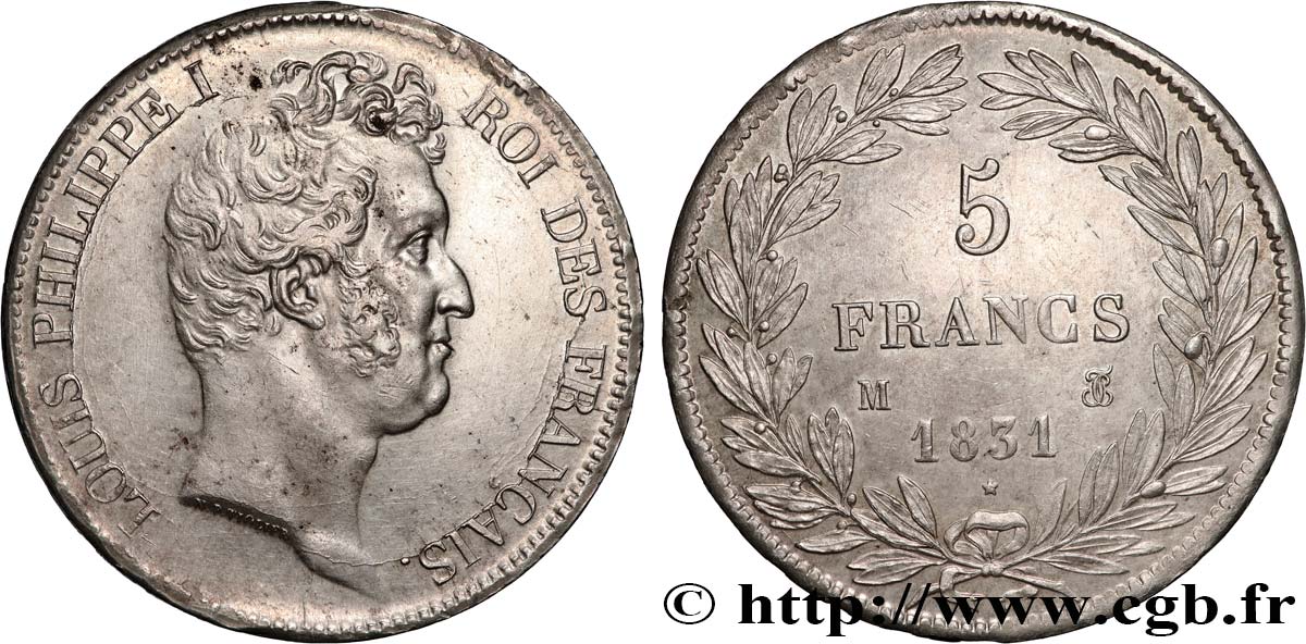 5 francs type Tiolier avec le I, tranche en creux 1831 Toulouse F.315/22 SUP 