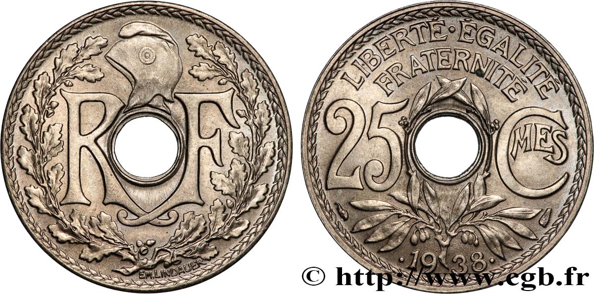 25 centimes Lindauer, maillechort 1938  F.172/2 MS 