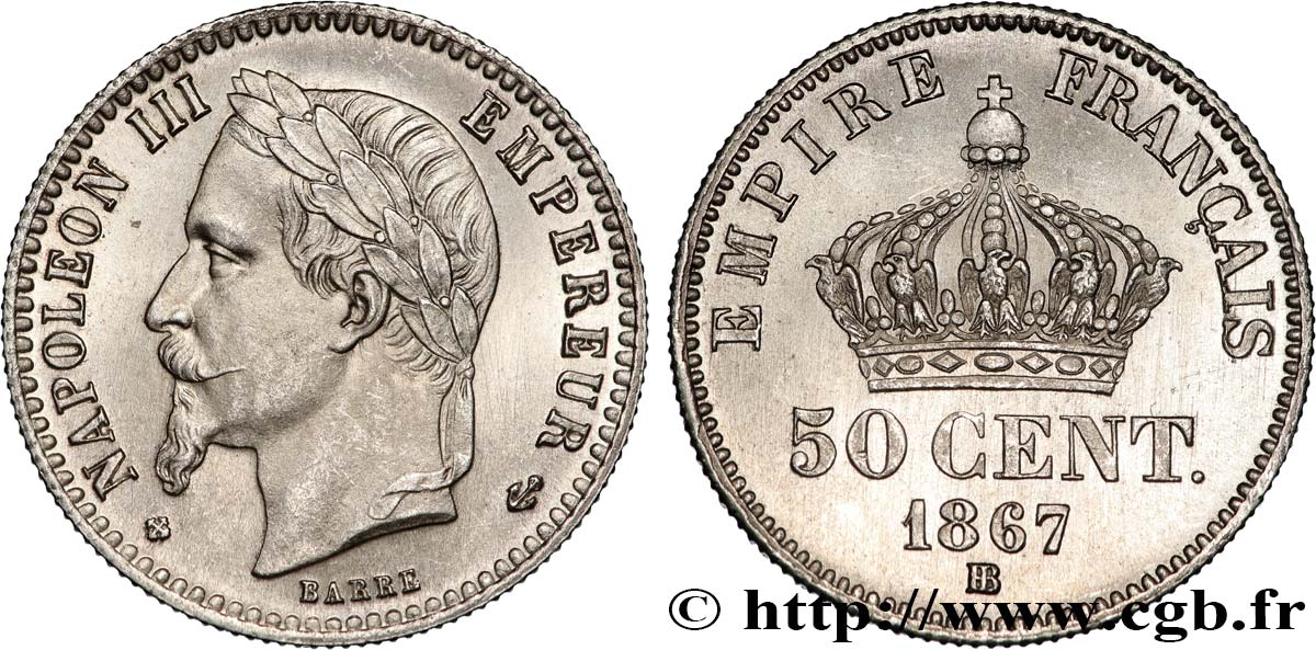 50 centimes Napoléon III, tête laurée 1867 Strasbourg F.188/15 fST 