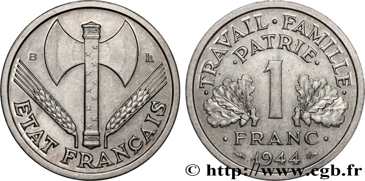 1 franc Francisque, légère 1944 Beaumont-Le-Roger F.223/6 EBC+ 