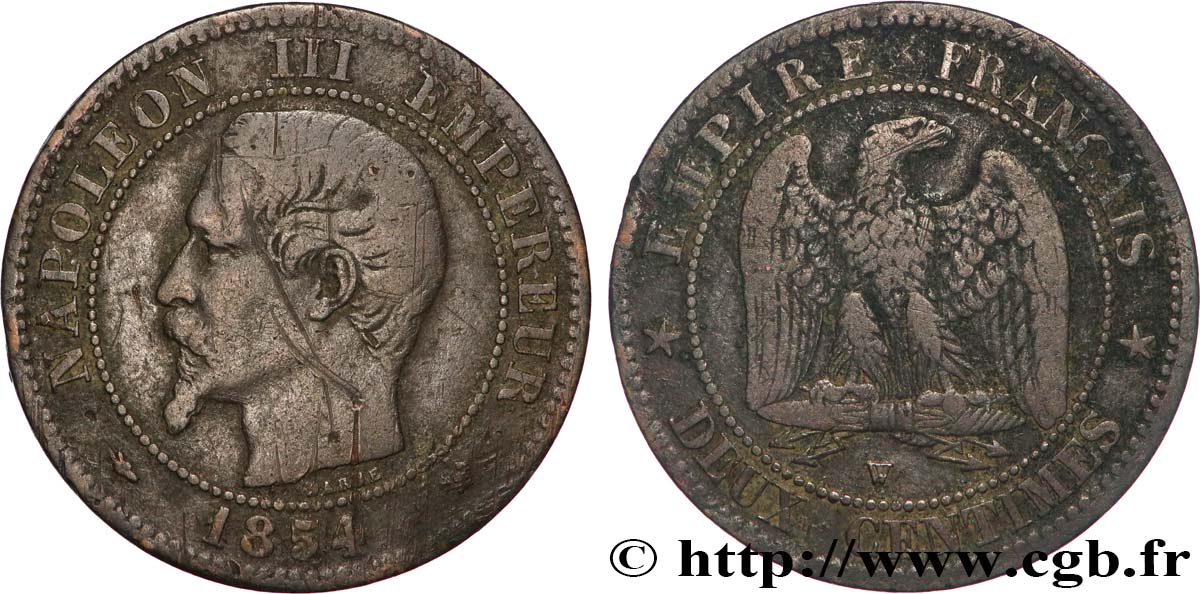 Deux centimes Napoléon III, tête nue 1854 Lille F.107/18 BC 