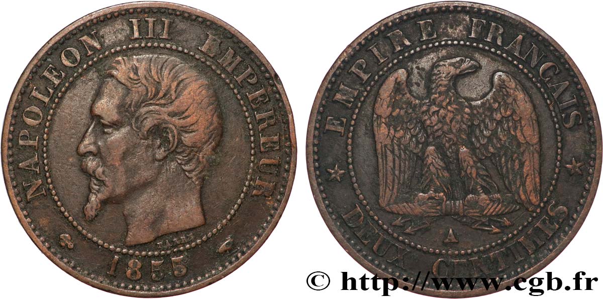 Deux centimes Napoléon III, tête nue 1855 Paris F.107/20 VF 