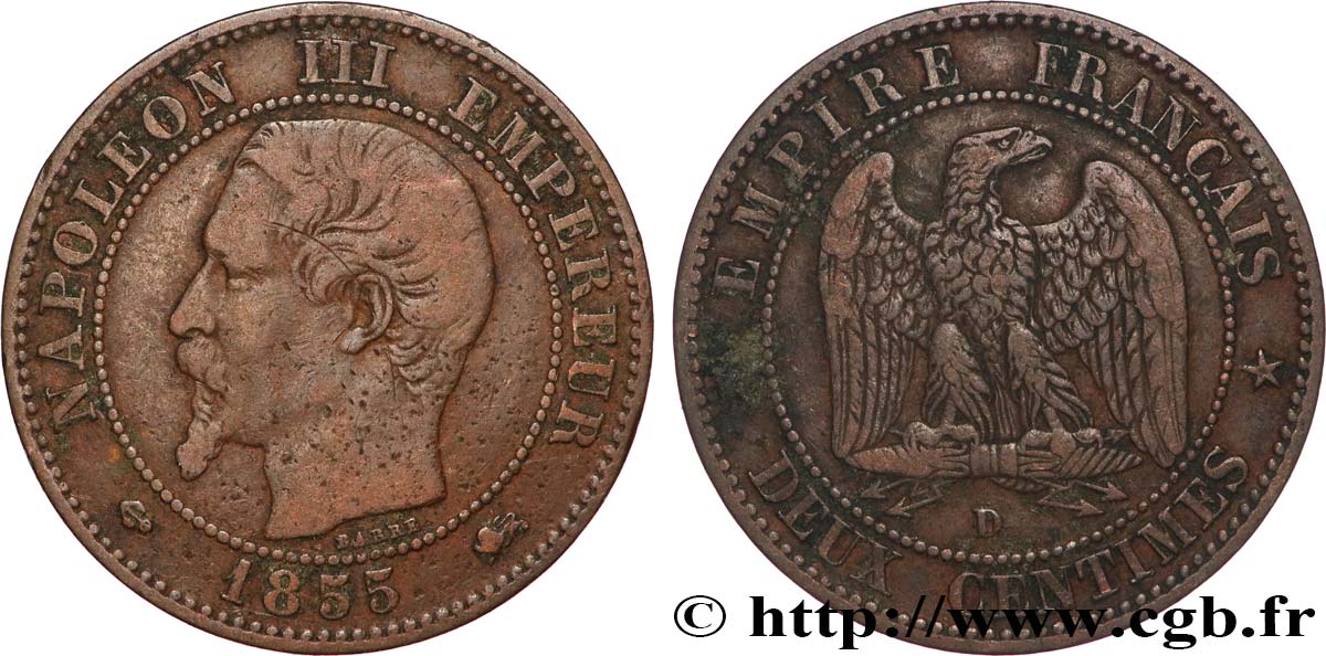 Deux centimes Napoléon III, tête nue 1855 Lyon F.107/31 VF 