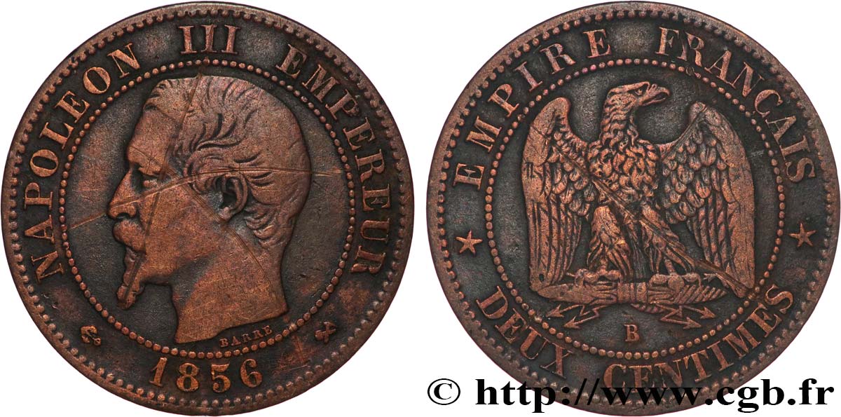 Deux centimes Napoléon III, tête nue 1856 Rouen F.107/39 VF 