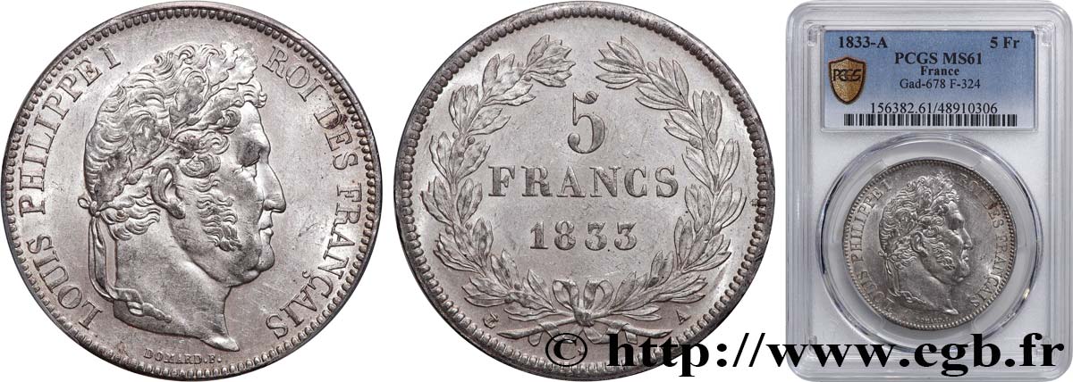 5 francs IIe type Domard 1833 Paris F.324/14 SPL61 PCGS