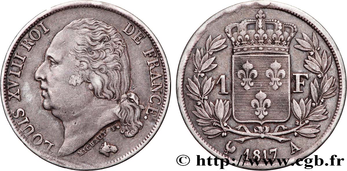 1 franc Louis XVIII 1817 Paris F.206/9 MBC+ 