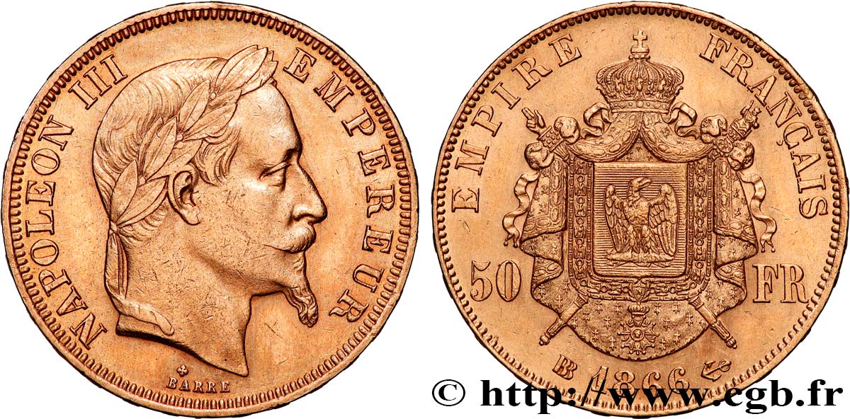 50 francs or Napoléon III, tête laurée 1866 Strasbourg F.548/7 SPL 
