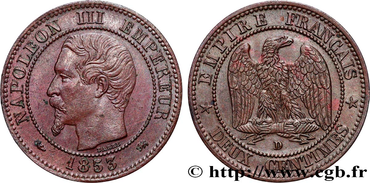 Deux centimes Napoléon III, tête nue 1853 Lyon F.107/5 SPL55 