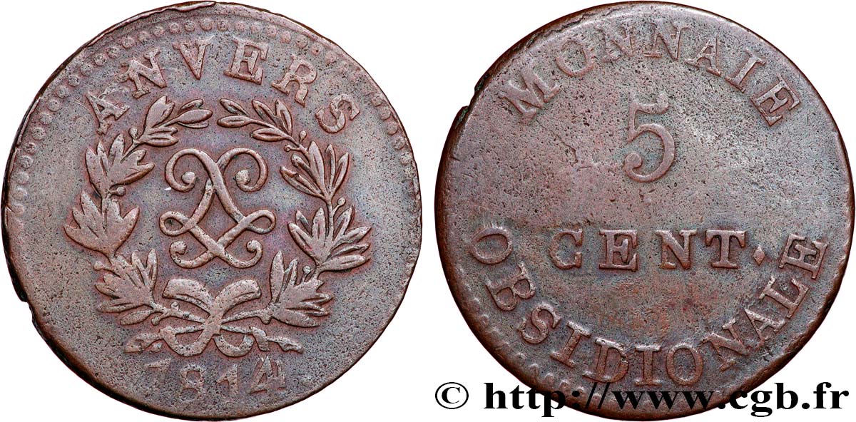 5 cent. Anvers au double L, frappe de l’arsenal de la marine 1814  Anvers F.115E/1 TB 