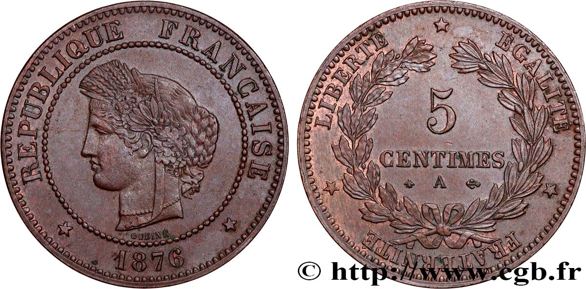 5 centimes Cérès 1876 Paris F.118/13 SUP58 