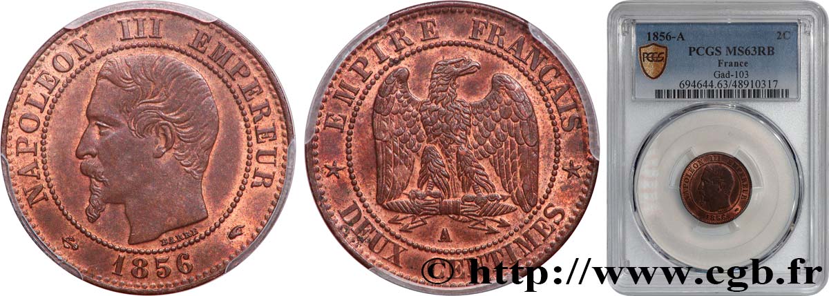 Deux centimes Napoléon III, tête nue 1856 Paris F.107/38 SC63 PCGS