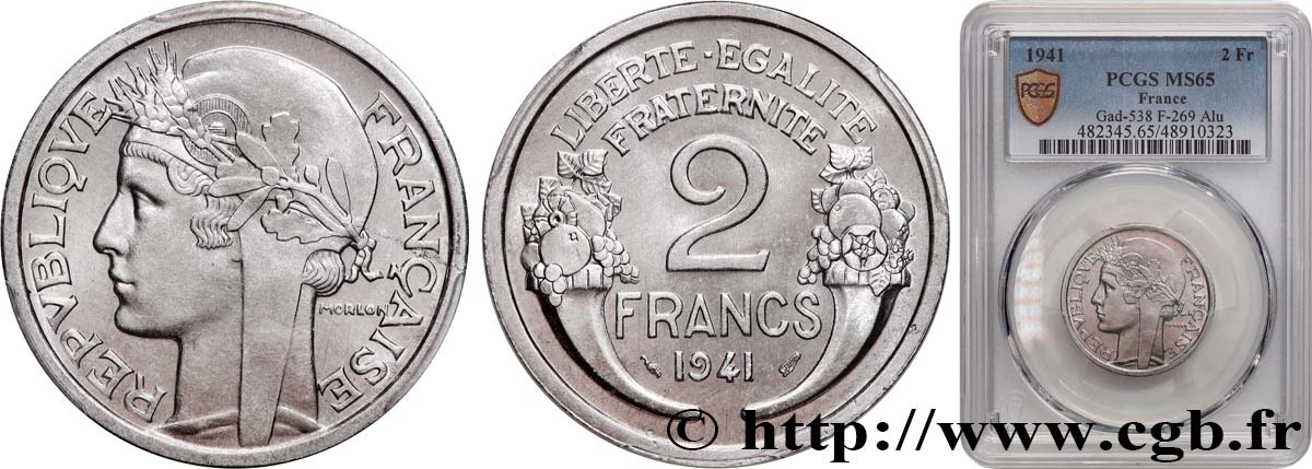 2 francs Morlon, aluminium 1941  F.269/2 FDC65 PCGS