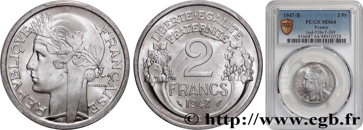 2 francs Morlon, aluminium 1947 Beaumont-Le-Roger F.269/11 SC64 PCGS