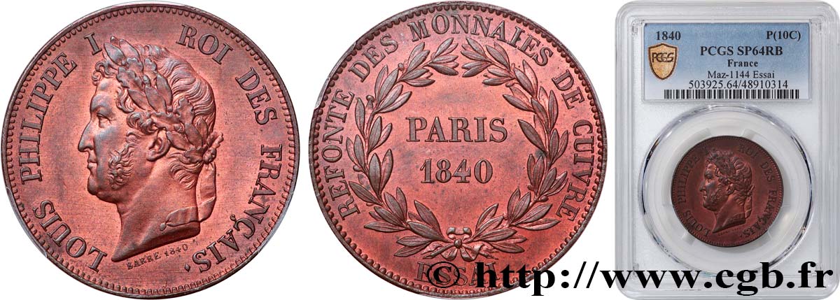 Refonte des monnaies de cuivre, essai au module du décime, poids léger 1840 Paris VG.2916  SPL64 PCGS