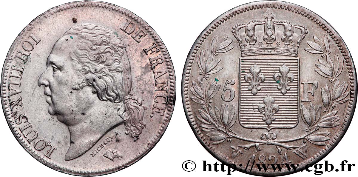 5 francs Louis XVIII, tête nue 1824 Lille F.309/98 SPL 