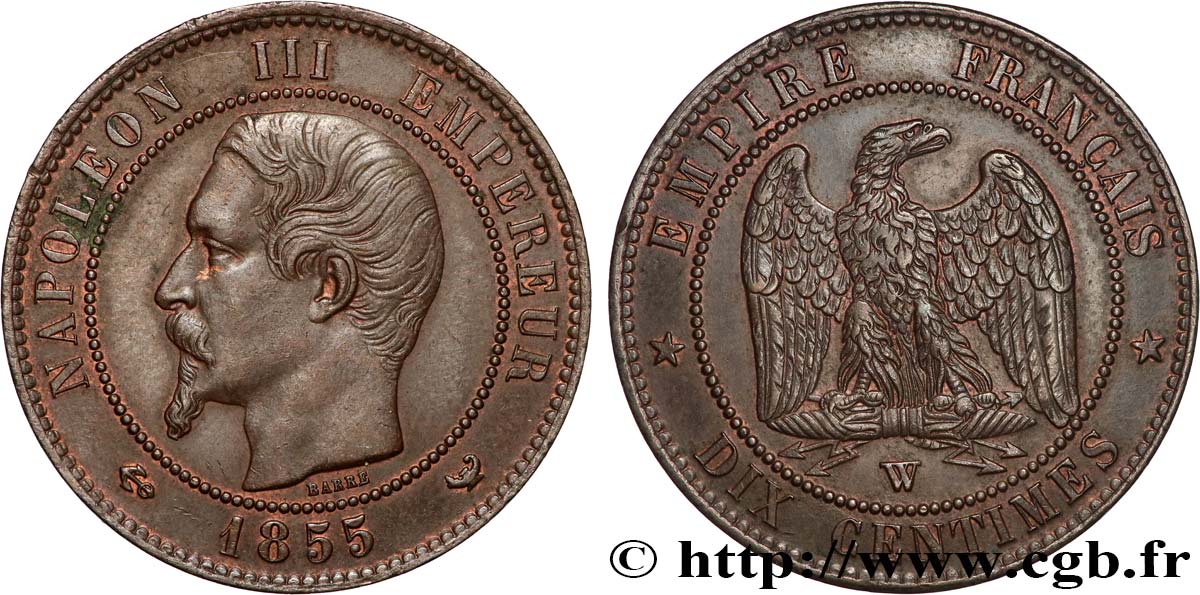 Dix centimes Napoléon III, tête nue 1855 Lille F.133/33 EBC 