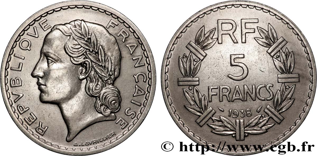 5 francs Lavrillier, nickel 1938  F.336/7 q.SPL 