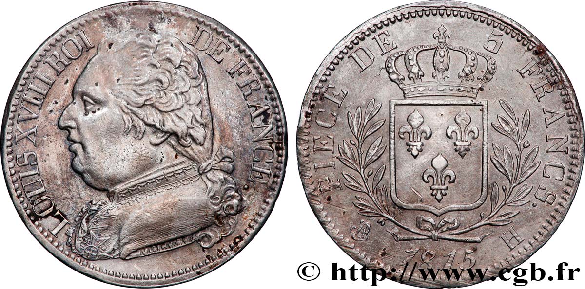 5 francs Louis XVIII, buste habillé 1815 La Rochelle F.308/19 AU 