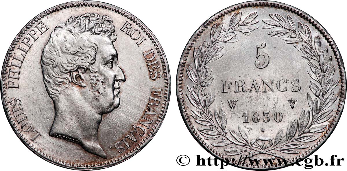 5 francs type Tiolier sans le I, tranche en creux 1830 Lille F.313/4 EBC 