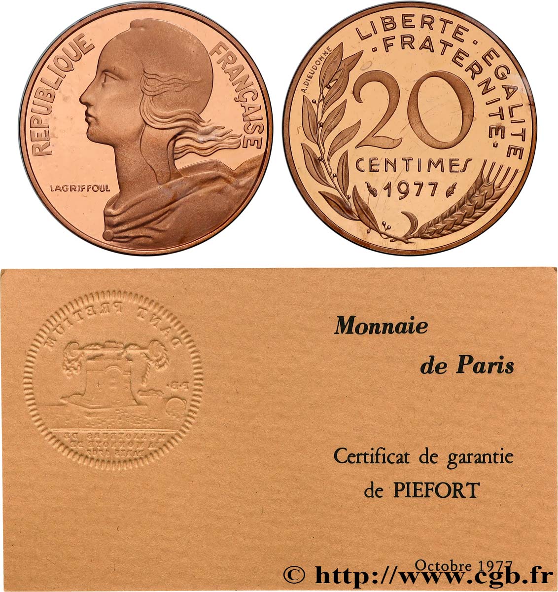 Piéfort en Or de 20 centimes Marianne 1977 Pessac GEM.56 P3 FDC 